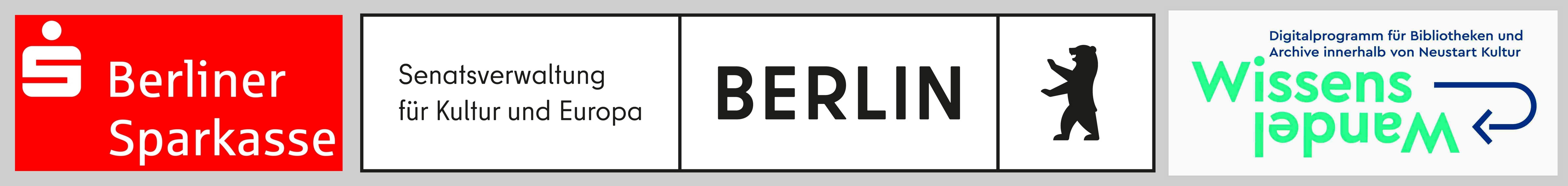 Drei Logos: Berliner Sparkasse, Berliner Senatsverwaltung für Kultur und Europa, Wissenswandel – Digitalprogramm für Bibliotheken und Archive innerhalb von Neustart Kultur