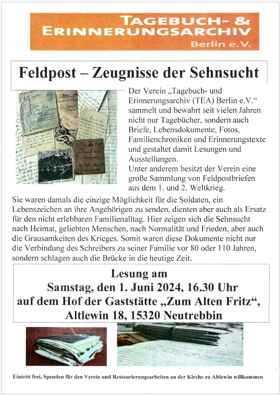 Flyer der Lesung "Feldpost – Zeugnisse der Sehnsucht" am 1. Juni 2024 in Neutrebbin